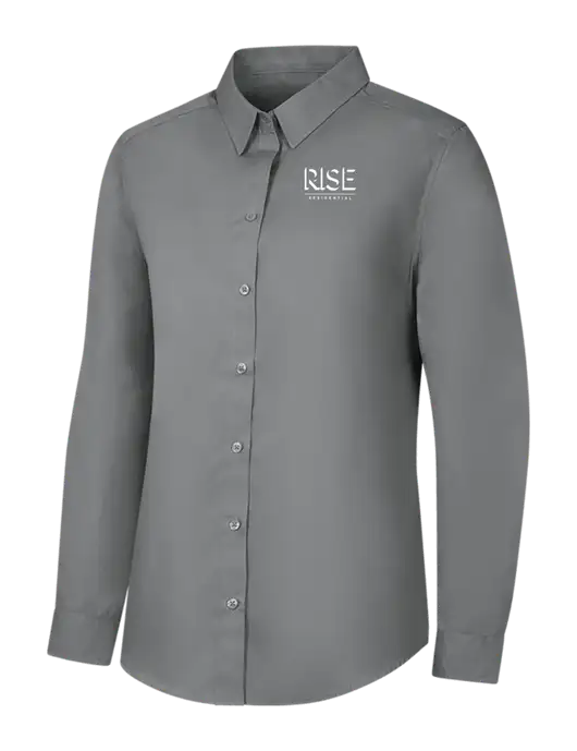 Womens Medium Grey Long Sleeve Carefree Poplin Shirt w/Rise Residential Logo