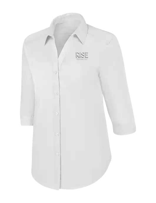 Womens White 3/4 Sleeve Carefree Poplin Shirt w/Rise Residential Logo