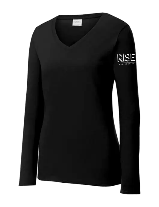 Womens V-Neck Ring Spun Jet Black 4.5 oz Long Sleeve T-Shirt w/Rise Residential Logo