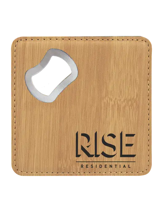 Bamboo Leatherette Coaster with Bottle Opener w/Rise Residential Logo