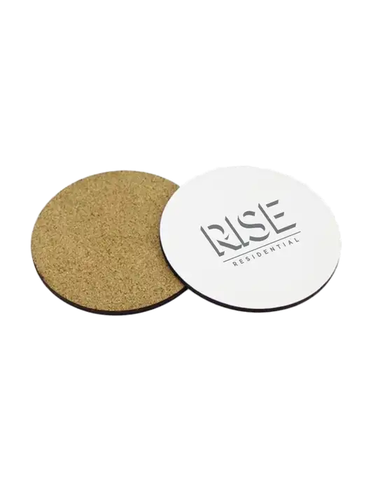 Gloss White Hardboard Round Coaster w/Cork Back, 3.75 w/Rise Residential Logo