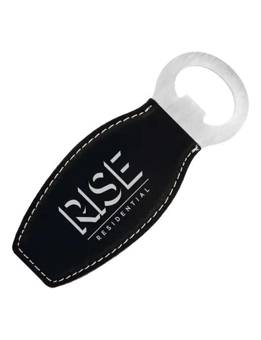 Black Leatherette Bottle Opener with Magnet w/Rise Residential Logo