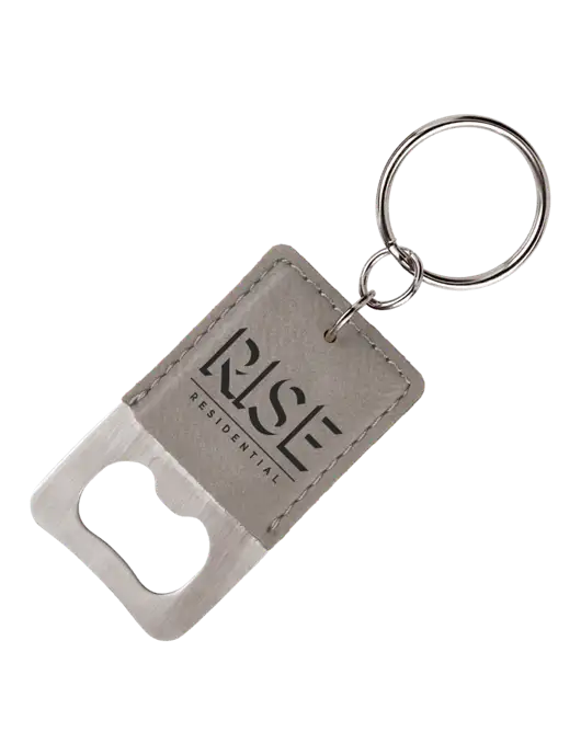 Grey Leatherette Rectangle Bottle Opener Keychain w/Rise Residential Logo