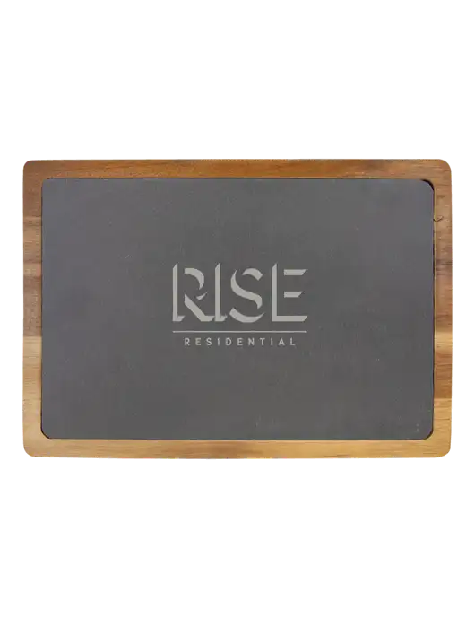 Acacia Wood/Slate Cutting Board, 13 x 9 w/Rise Residential Logo