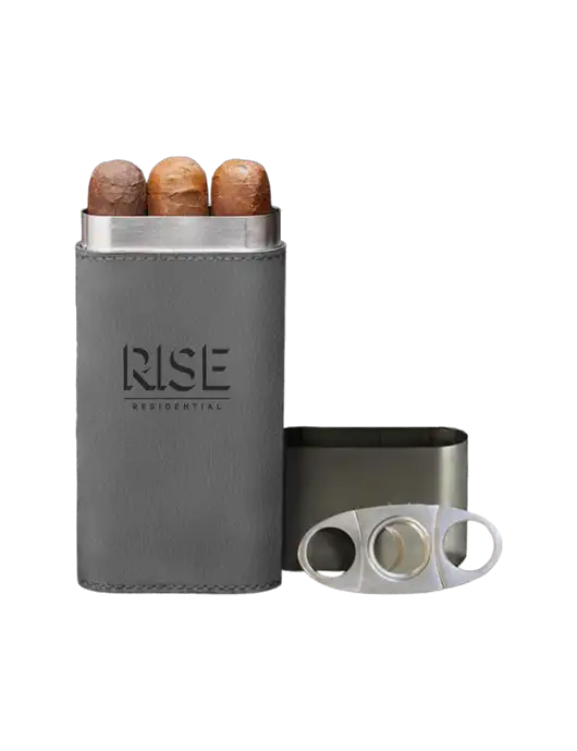 Grey Leatherette Cigar Case with Cutter w/Rise Residential Logo