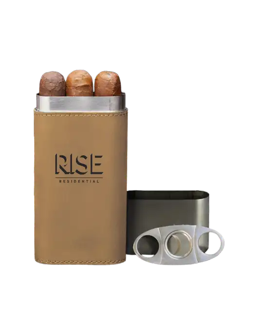 Tan Leatherette Cigar Case with Cutter w/Rise Residential Logo