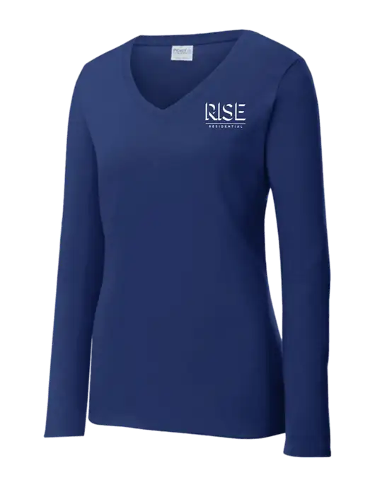 Womens  V-Neck Ring Spun Navy 4.5 oz Long Sleeve T-Shirt w/Rise Residential Logo
